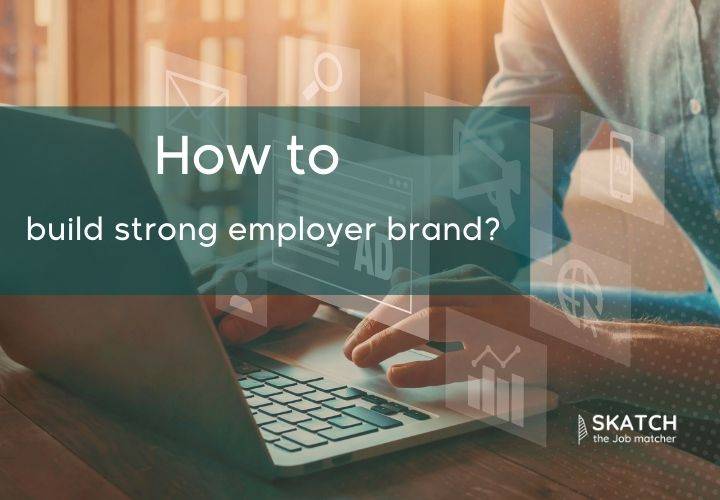 "Employee working on a laptop with text overlay: How to build a strong employer brand."